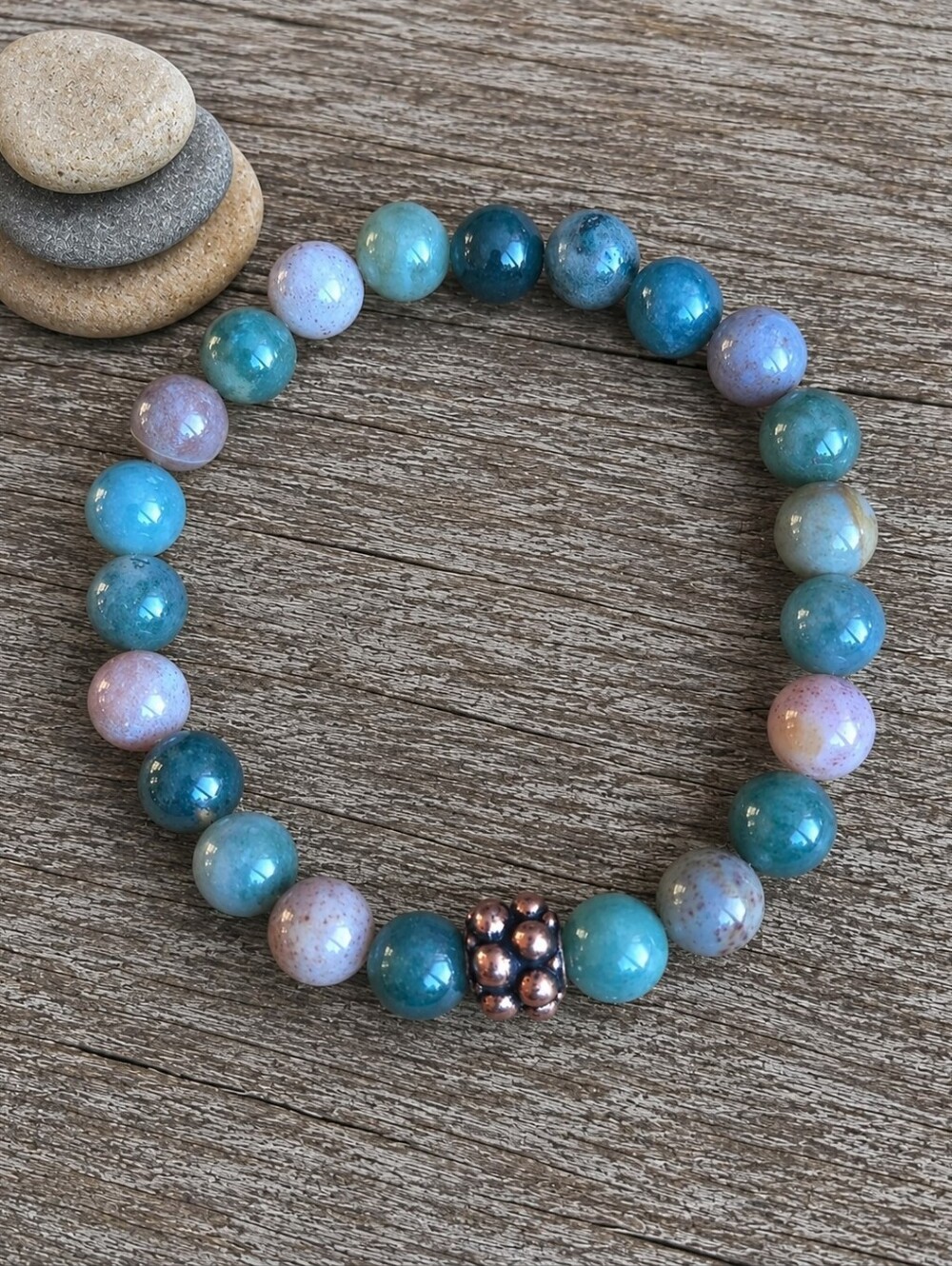Indian Agate Beaded Stretch Bracelet | Green | Handmade